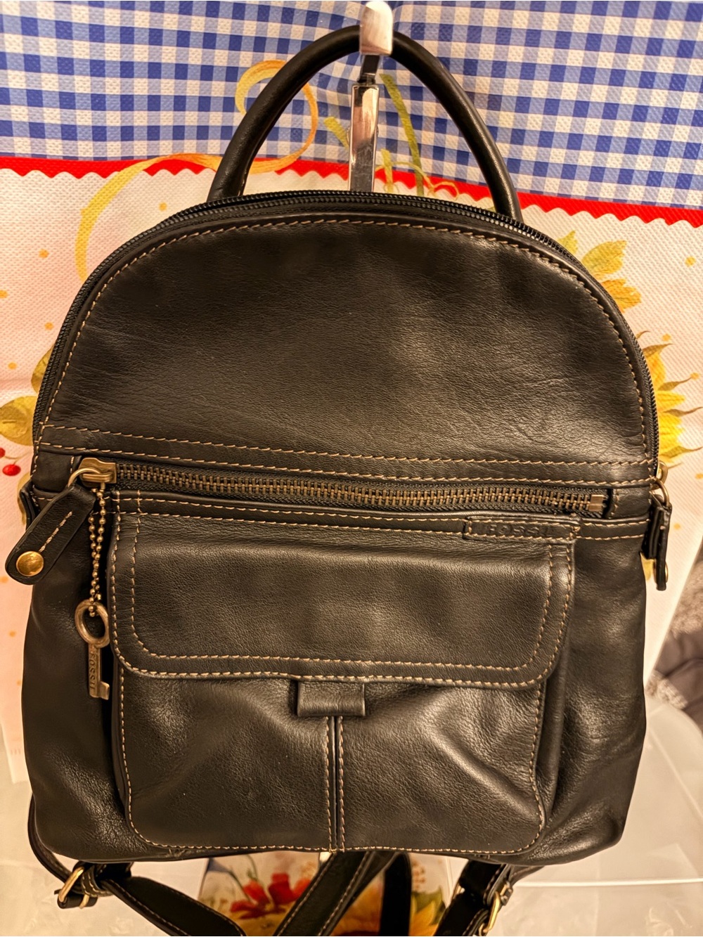 Fossil Black Leather Mini Backpack with Front Pocket with Signature key charm